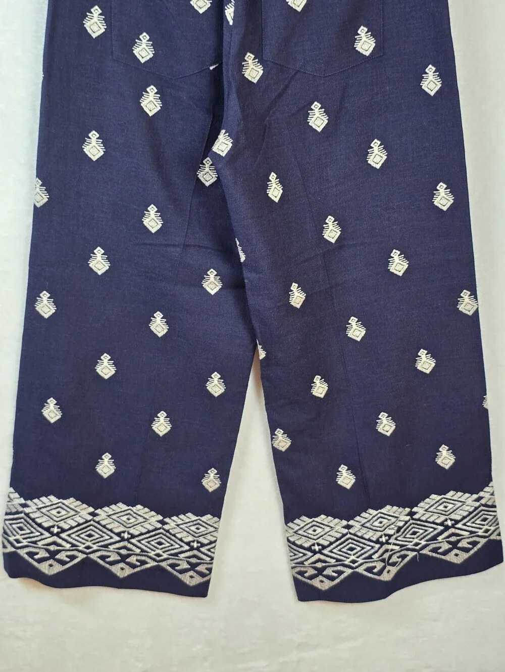 Zara High Waisted Embroidered Culottes Linen Blend Cropped Wide Leg Pants Sz.L